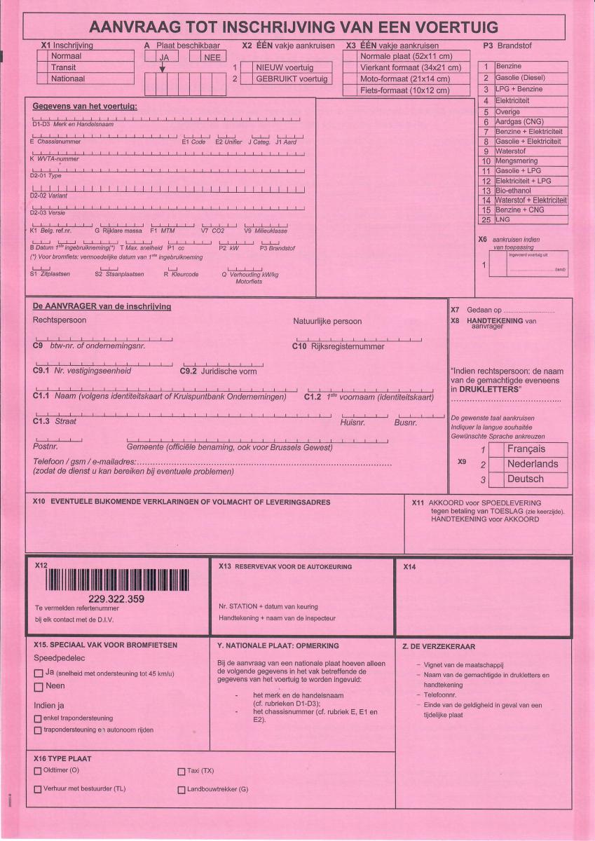 roze formulier - aanvraag tot inschrijving van een voertuig - roos formulier auto