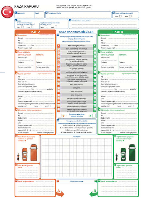Aanrijdingsformulier in het Turks - Turkse taal