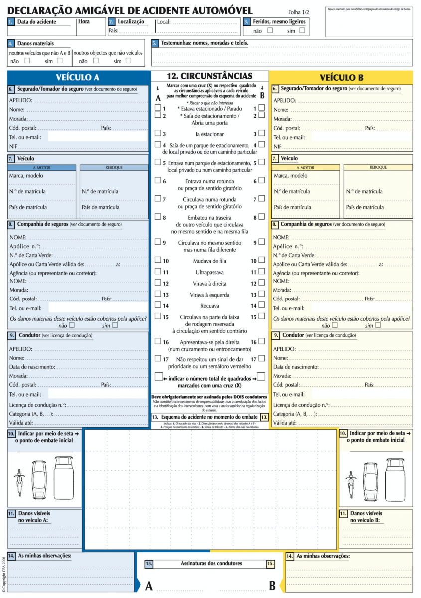 Europees aanrijdingsformulier in het Portugees - Portugese taal - Portugal