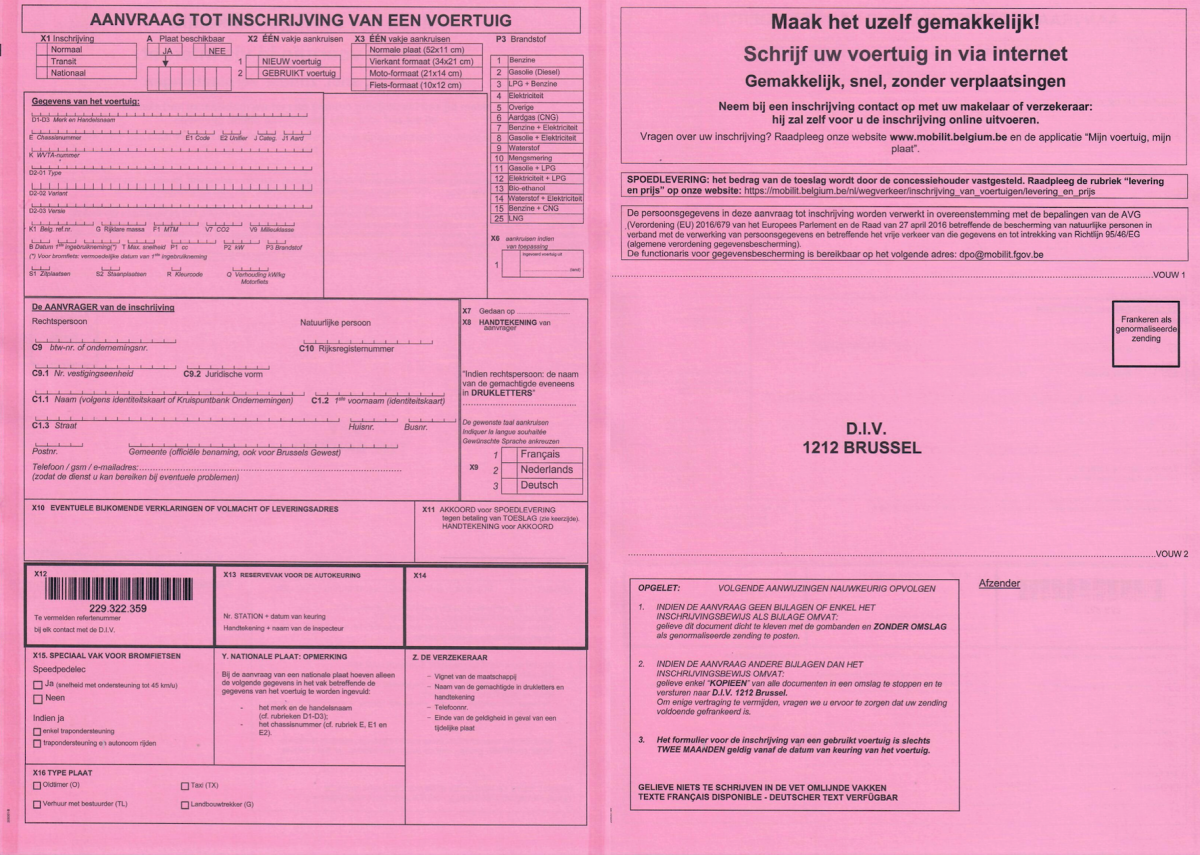 roze formulier - aanvraag tot inschrijving van een voertuig - roos formulier auto